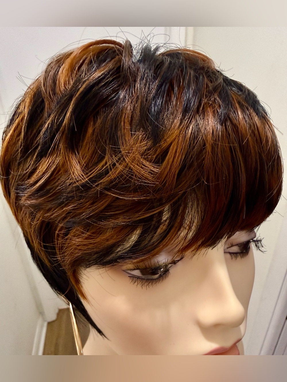 HAIR, Pixie Cut with Bangs, Black with Copper/Carmel highlights - Picture 2 of 13